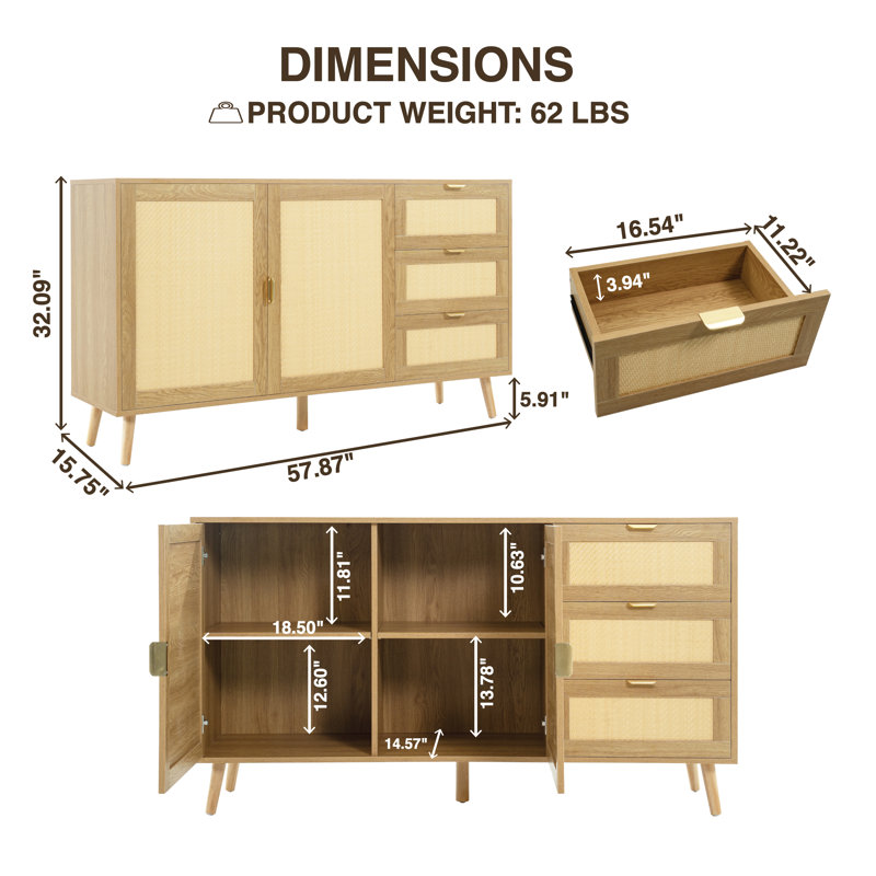 Rattan Sideboard Buffet Cabinet with 2 Doors, 3 Drawers, and Storage for Living, Dining, or Kitchen