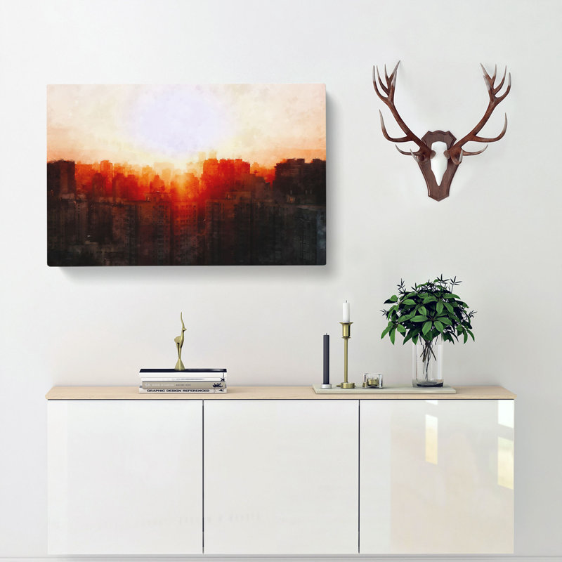 Beijing Skyline At Sunset Painting - Wrapped Canvas Graphic Art, 50cm H x 76cm W x 3cm D
