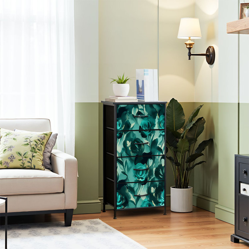 Commode pour commode de chambre à coucher Abat-jour floral abstrait Commodes et commodes en tissu bleu-vert avec rangement à 4 tiroirs
