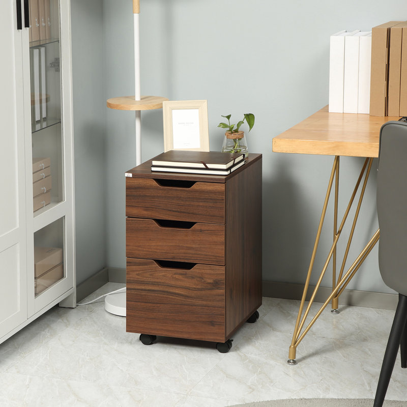 3 Drawer Rolling Cabinet For Office, , Brown Wood Grain, Office Storage Solution With Cabinet, Drawers, Wheels, Grain