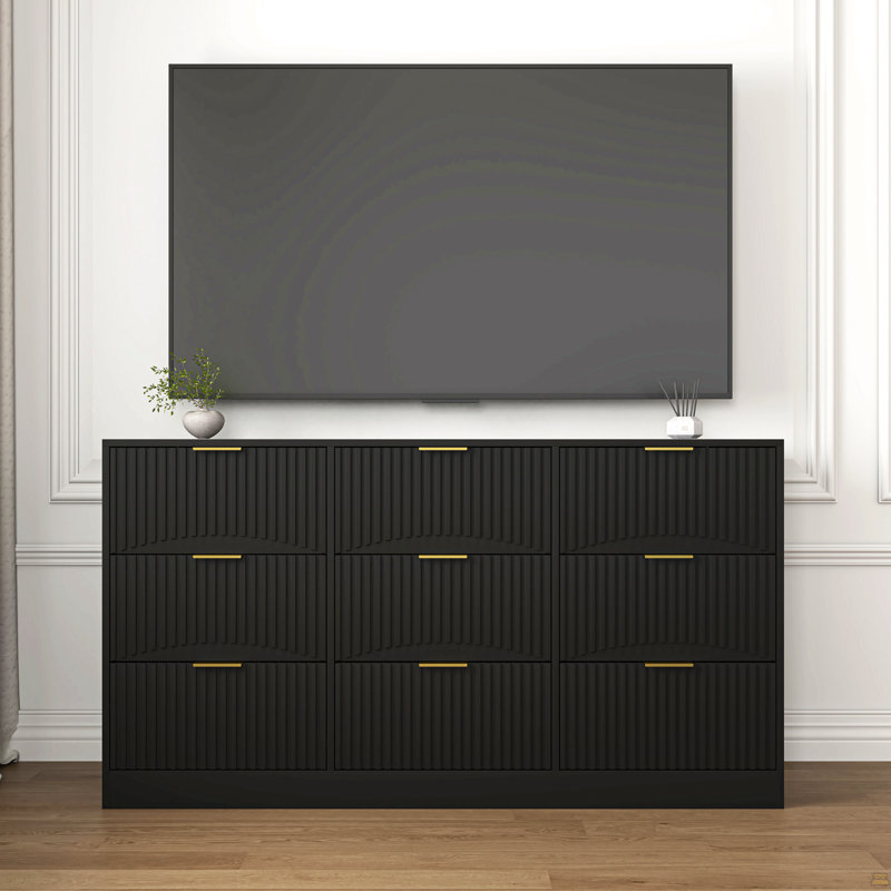 Commode 9 tiroirs, grande commode profonde 63 po, commode en bois avec 9 tiroirs, Noir