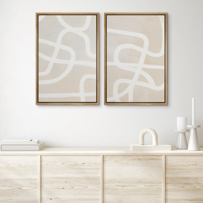 «Mid-Century», beige, géométrique blanc, anneau en spirale, coups de peinture, formes, art moderne, décoration murale, 2 pièces