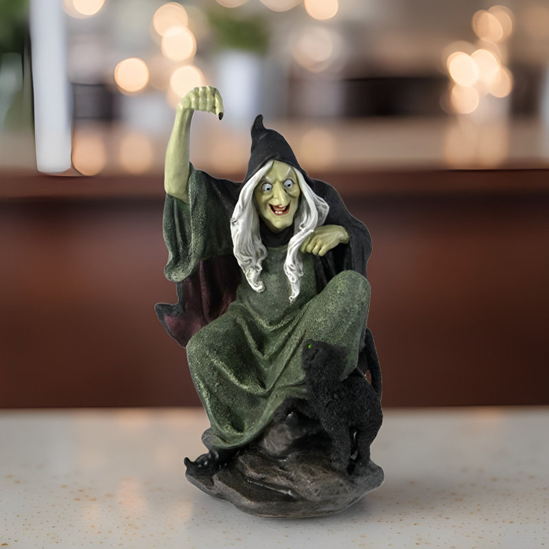 10.5"H Witch Playing with Cat Figurine