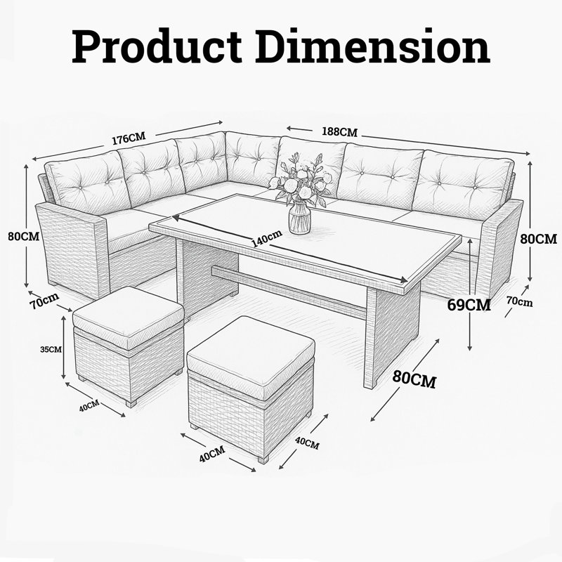 0cm Wide L-Shaped Patio Sofa with Cushions