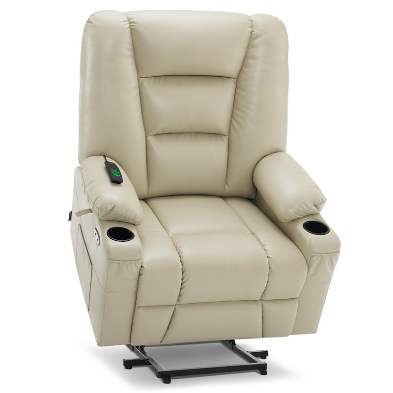 Ellamae Wide Power Recliner Lift Chair with Massage and Heat, Faux Leather, Beige Faux Leather