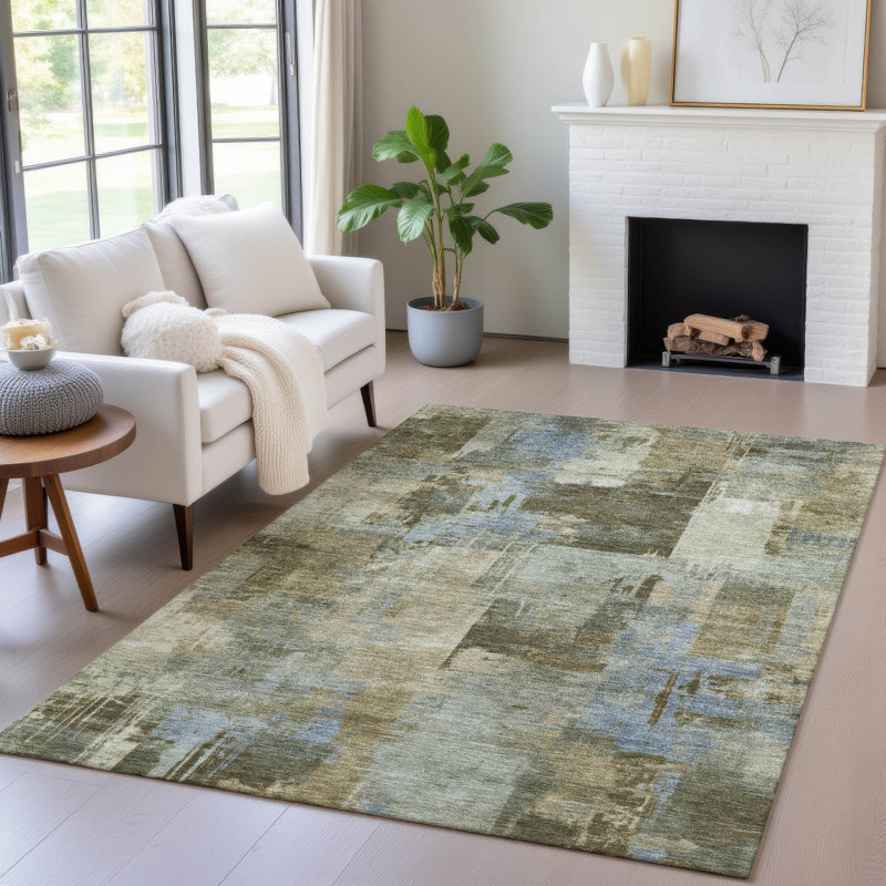 Machine Washable Indoor/Outdoor Xhevrie Green Rug, Rectangle 10' x 14'