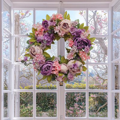 Artificial Wreath 16.93 Inches - Peony Flower Spring Wreaths For Front Door Outside - Faux Floral Wreath -Handmade Door Wreaths For Home Decoration，Christmas Gifts