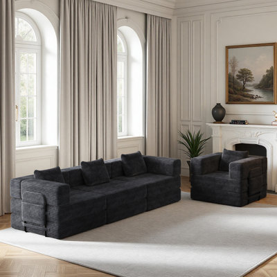 2 pièces Canapé compressible en velours côtelé de 72,4 po, canapé-lit pliant, canapé convertible 3 places avec canapé 1 place, noir