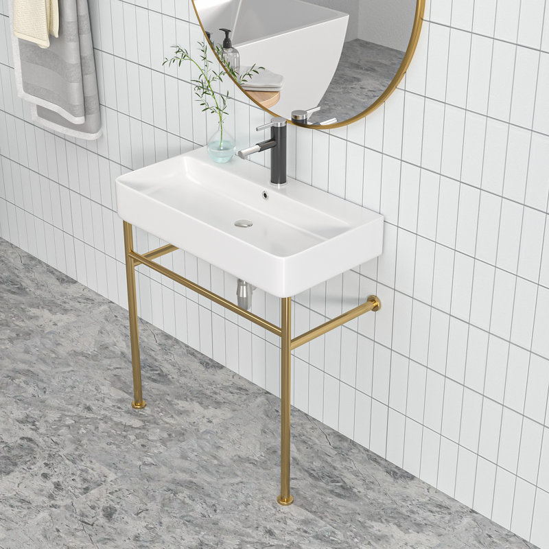 Kichae 16.3'' Ceramic Rectangular Bathroom Sink with Overflow, White/Gold