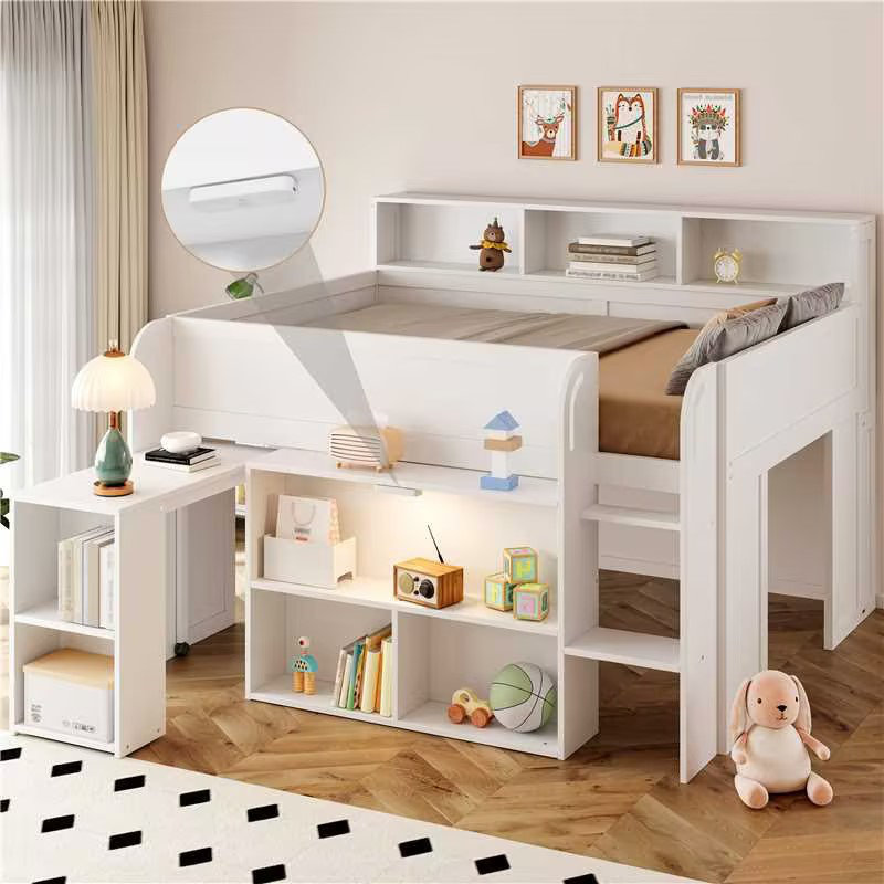 Lit mezzanine double en bois avec bureau et DEL, tablette de rangement pour les adolescents, conception peu encombrante