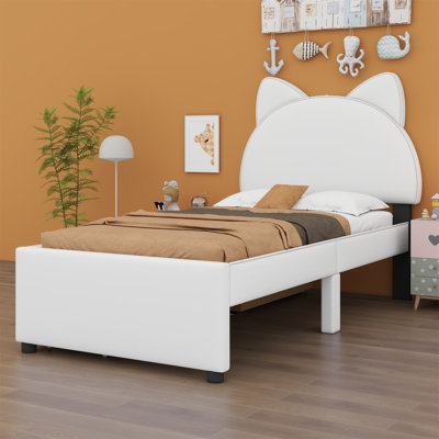 Upholstered Platform Bed with Cartoon Ears Shaped Headboard and 2 Drawers