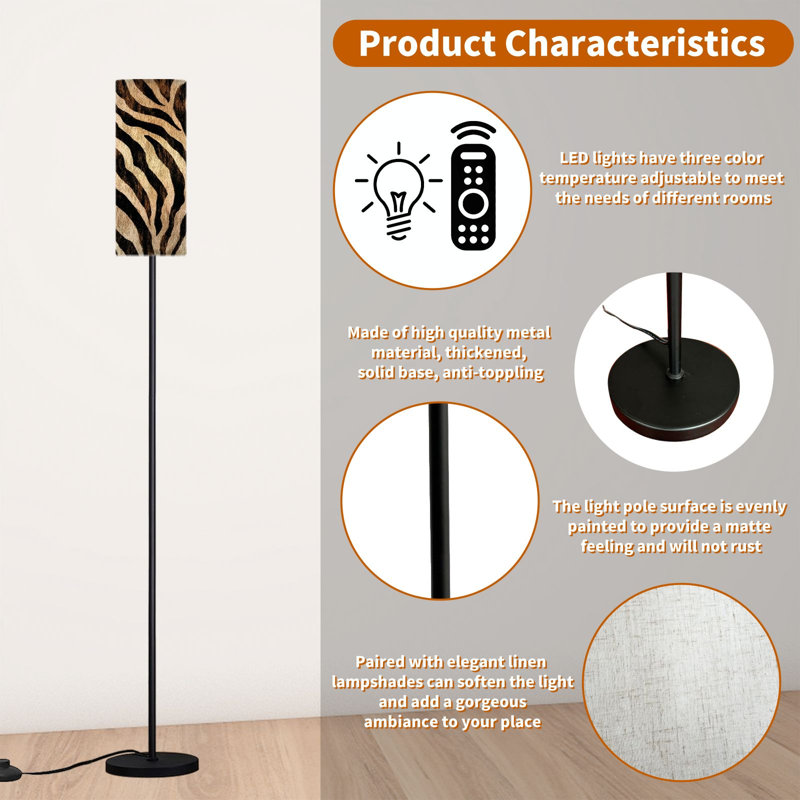  68.5" Standing Floor Lamp seamless tiger skin Dimmable Metal Pole Lamp with Linen Lampshade LED Bulb Included