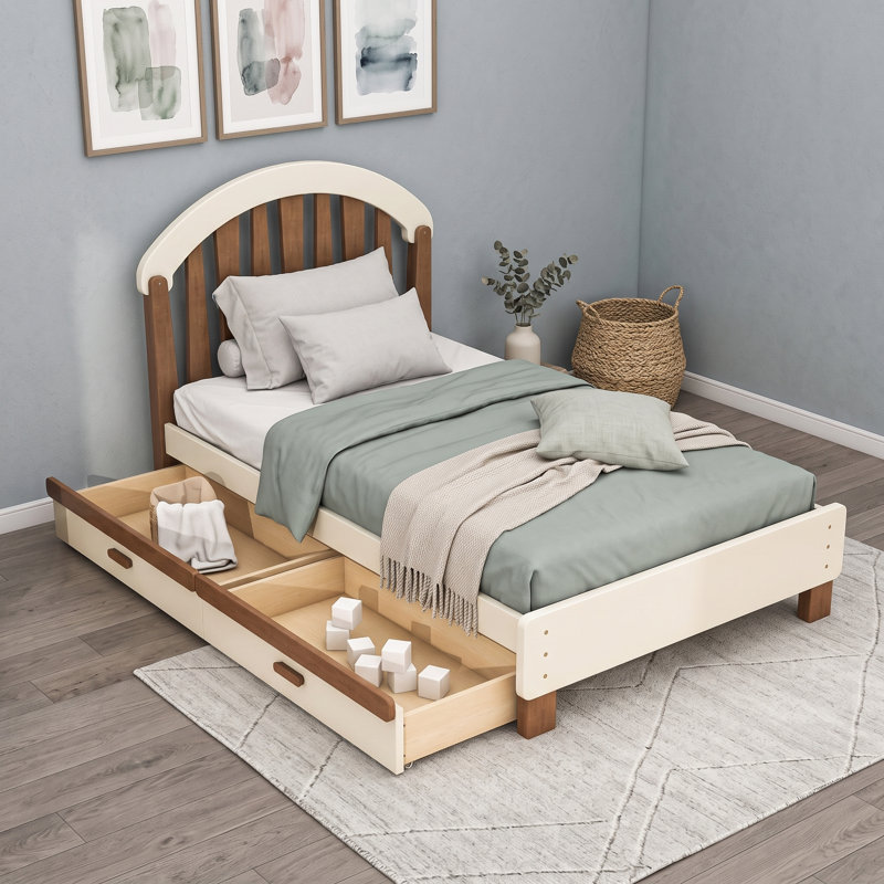 Lit plateforme en bois avec tiroirs de rangement et tête de lit ronde, Lit simple, Beige profond naturel