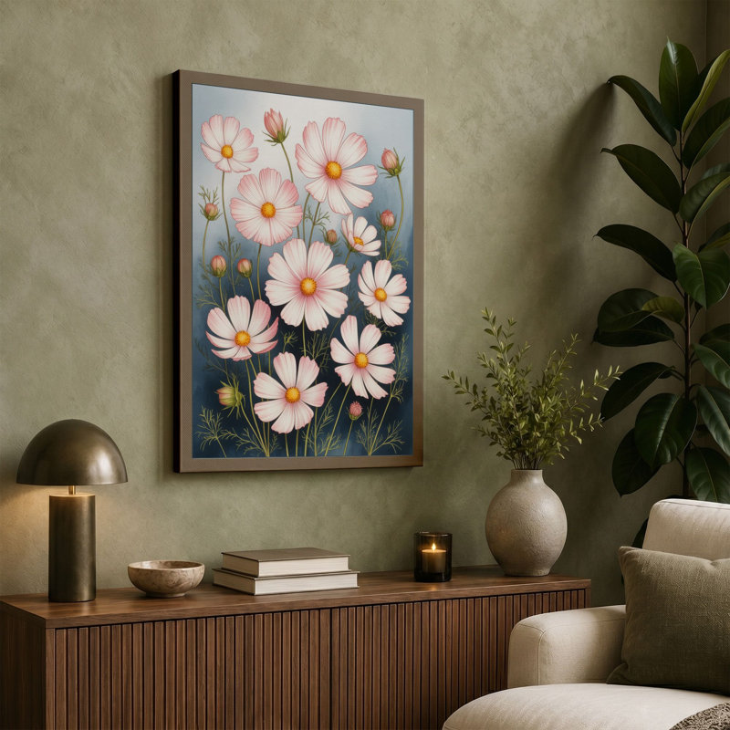 Cosmos in Bloom Botanical - Wrapped Canvas, 24x16 - 61.0 x 40.6 cm, Cream Border