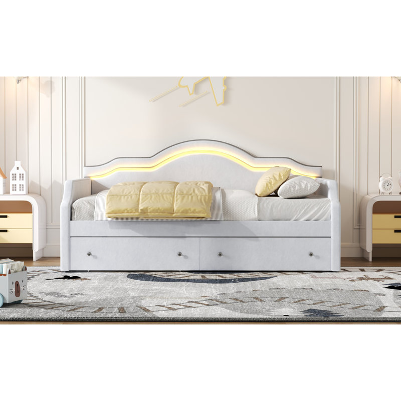 Lit de jour rembourré beige avec éclairage DEL et 2 tiroirs - Parfait pour les petits espaces, Beige, Lit simple