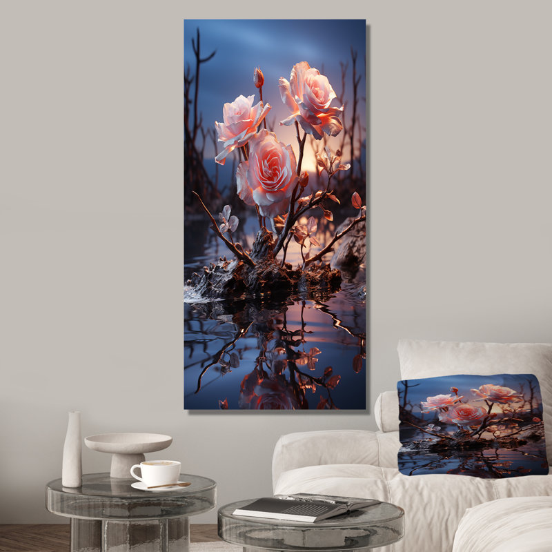 «Moonlit Flower Serenity Blooms I - Rose», art mural, Toile tendue, H 40 po x l 30 po