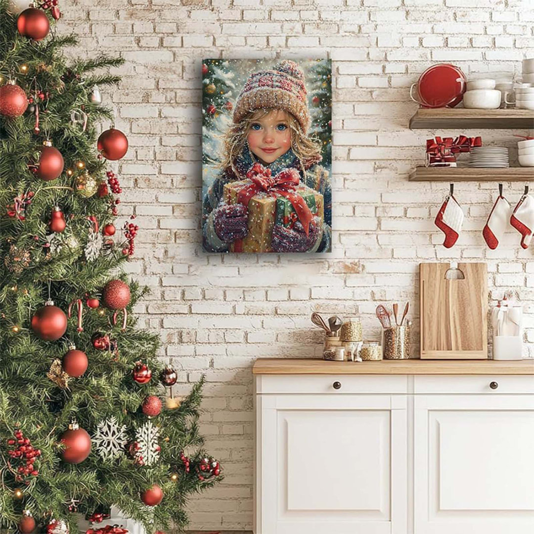 Christmas Cute Girl Holding Gifts Picture Painting Prints,Winter Season Holiday Canvas Wall Llustration,Joyful Winter Xmas Artwork For Living Room And