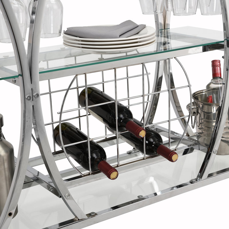 Plasencia Metal Rolling 3 Tiers Bar Cart with Wine Glass Storage and Handle, Silver