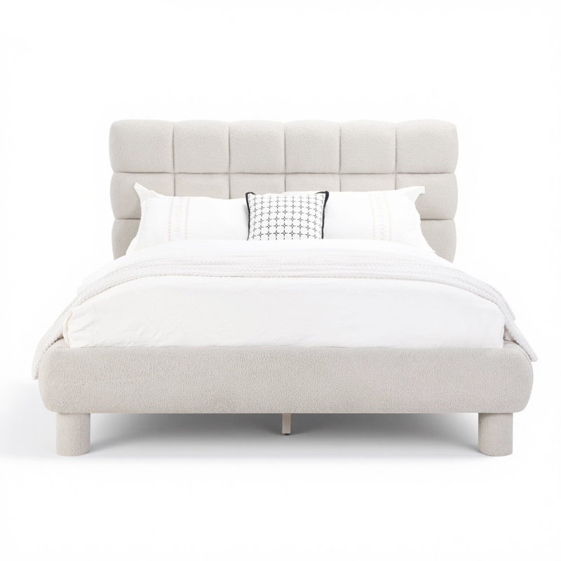 Lit plateforme entièrement rembourré avec tissu en peluche, Grand lit