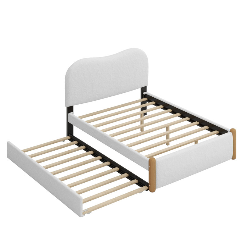 Lit plateforme tapissier avec pieds de soutien en bois et lit gigogne