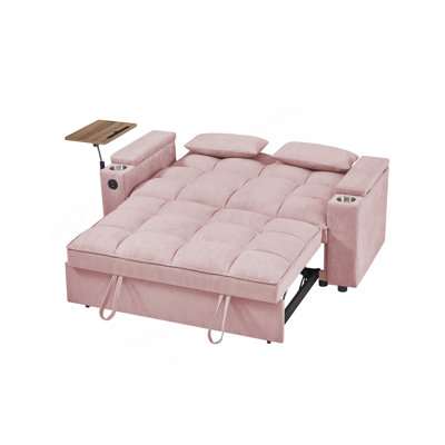Pink Chenille Loveseat Sleeper Sofa Bed with Storage Armrest ,USB Port ,Side Table