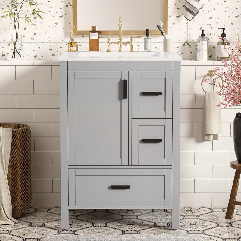 Élégant meuble-lavabo de salle de bain de 24 pouces avec lavabo, porte à fermeture en douceur et grand espace de rangement pour les petits espaces