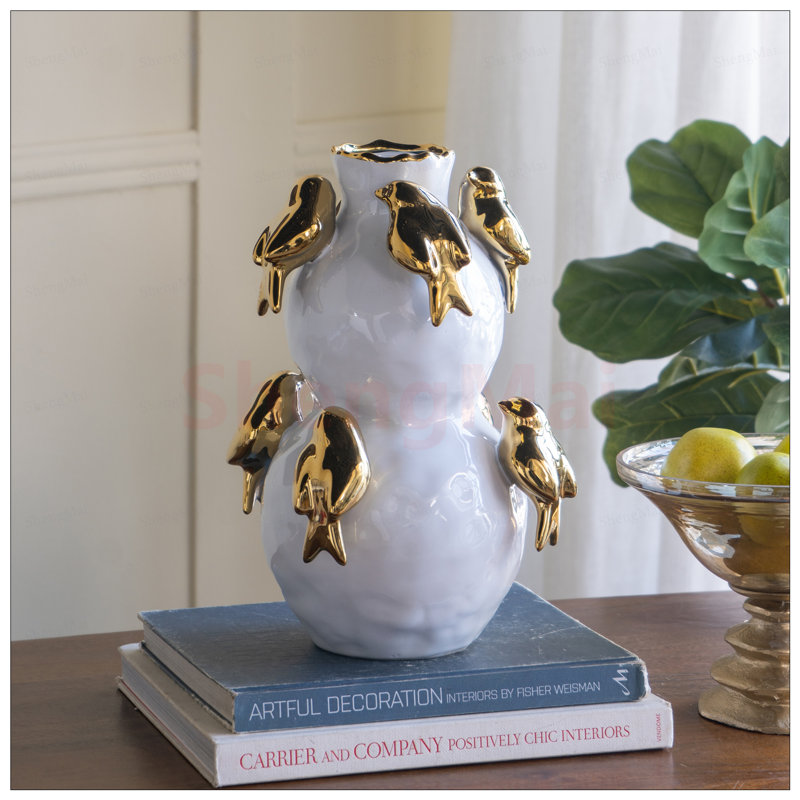 8.5x8.5x14inch White Two-Tiered Ceramic Vase with Gold Bird Accents, Perfect for Elevating Home Decor and Adding a Touch of Elegance.