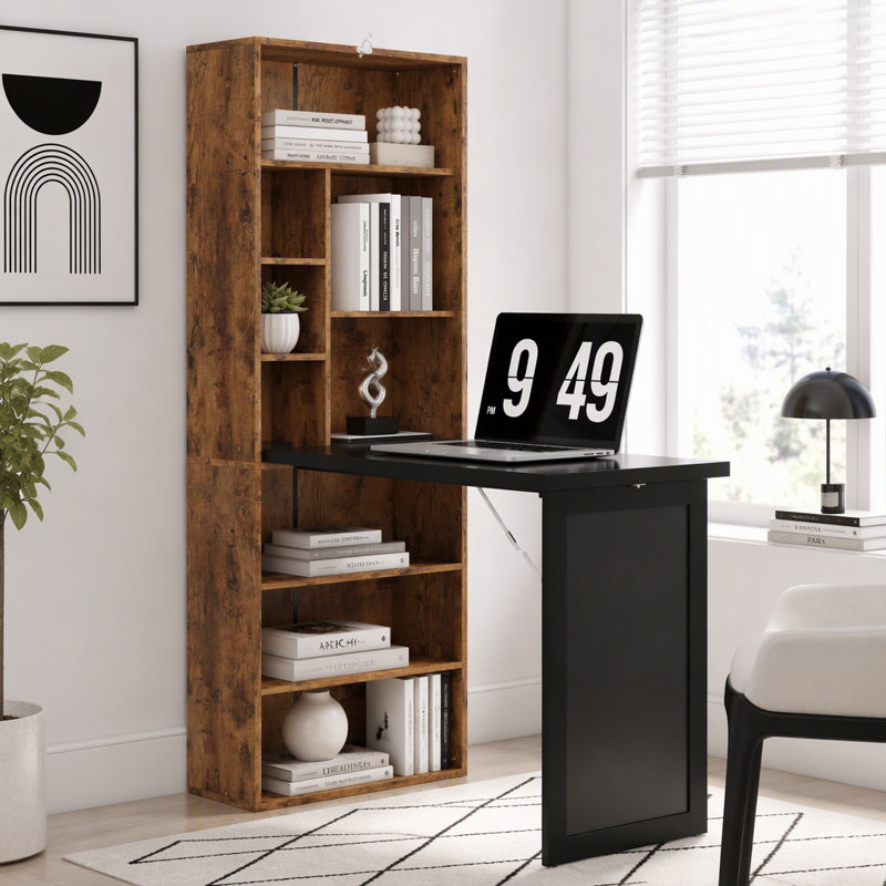 Foldable Convertible Writing Table, Wall Mounted Space-Saving Computer Desk with Chalkboard and Storage Shelves