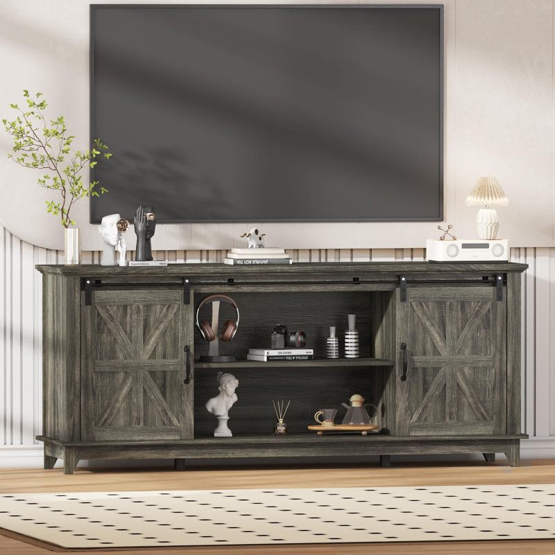 66" Brown Farmhouse Home TV Stand for Up to 75" Television Entertainment Center with Storage & Adjustable Shelf, Brown