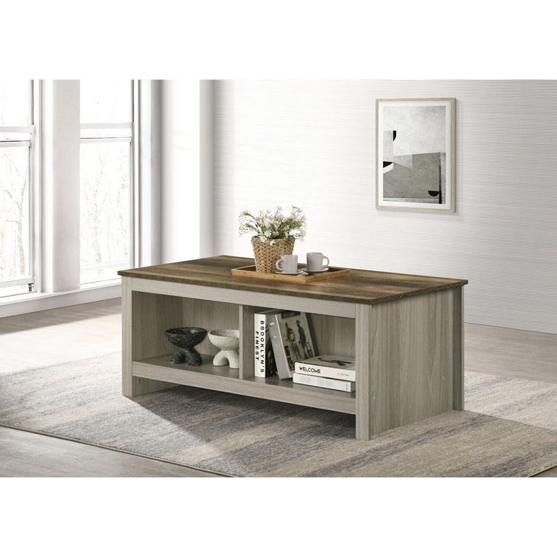 Table basse contemporaine en chêne gris avec tablettes ouvertes doubles et plateau élégant avec deux tablettes l 43 po