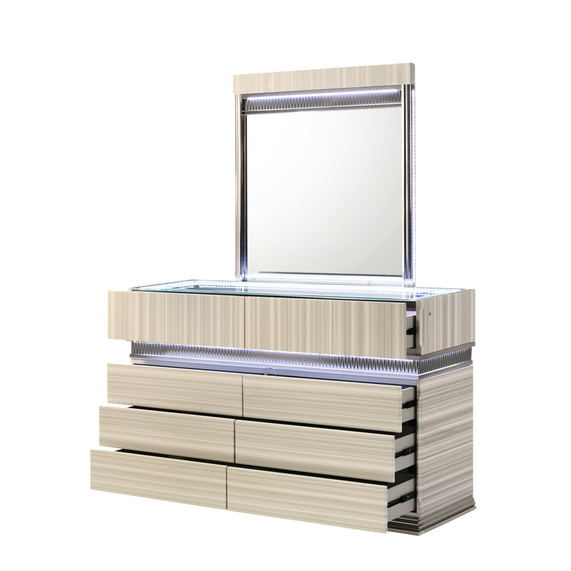 Grand lit moderne 4 pièces gris avec construction en bois, tête de lit et miroir intégrés à DEL, conception à panneau texturé, grand lit de rangement, commode, table de chevet incluse, éclairage, horizontal