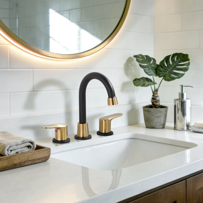 8 inch Two Handles Widespread Bathroom Sink Faucet with Drain and Supply Line, Black/Gold