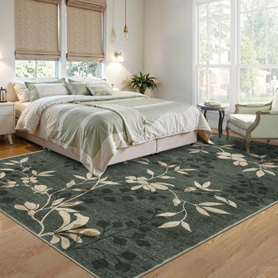 Floral Machine Washable Rug with Non-Slip Backing, Stain-Resistant Soft Low Pile Floor Mats, Foldable Farmhouse Indoor Carpet for Bedroom, Nursery