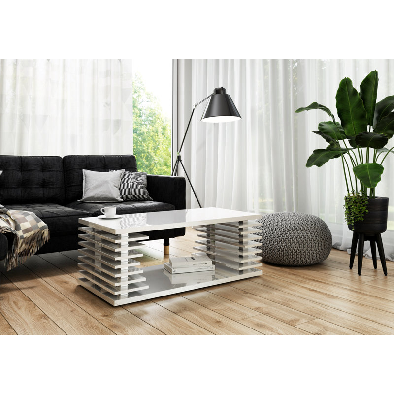 Lorenzo Floor Shelf Coffee Table with Storage, White Gloss