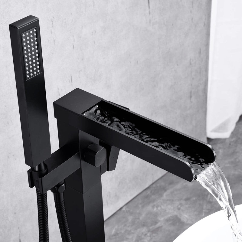 Matte Black Tub Filler Floor Mount With Waterfall Spout And Adjustable Hand Shower - Corrosion Faucet Modern Design Rust- Stainless Steel