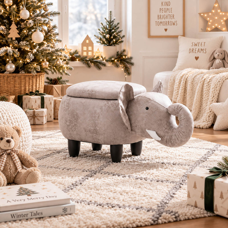 Pouf de rangement éléphant avec compartiment caché et tissu doux imitation cuir