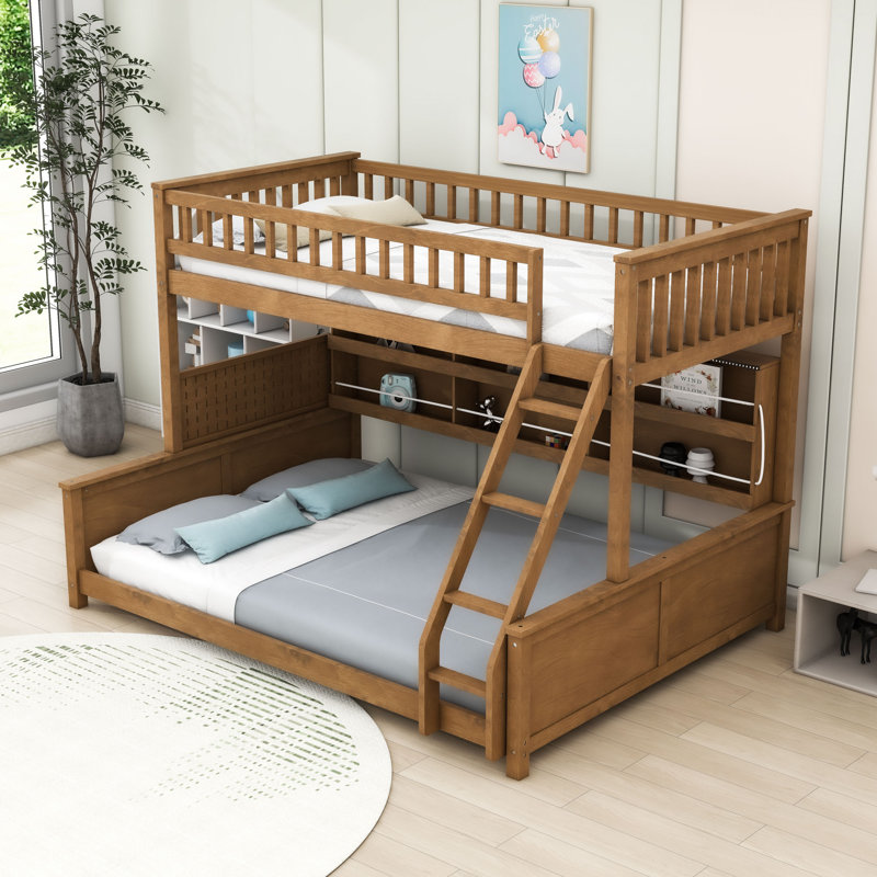 Bunk Bed with Shelving, Color-Changing Lights and Pegboard, Twin XL Over Queen, Brown