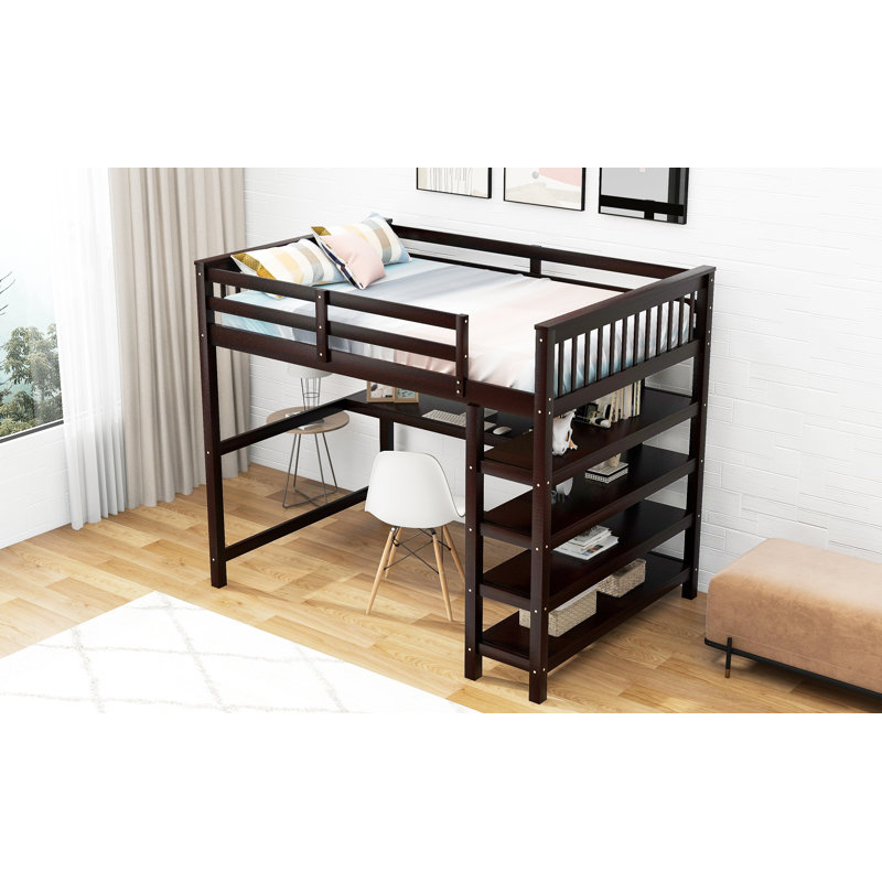 Solid Wood Loft Bed with Under-bed Desk, Brown
