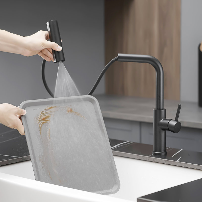 Robinet de cuisine pivotant noir 360 avec noyau escamotable, noyau moderne, barre en acier inoxydable, matériau de construction contemporaine