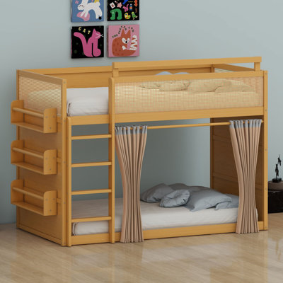 Bunk bed with tiered storage, privacy curtains and built-in lighting for shared rooms