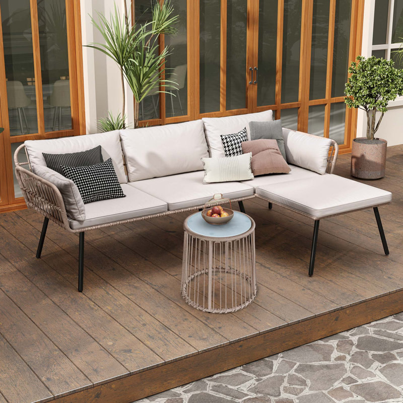 Outdoor Rattan Sofa Set – L-Shaped Sectional with Tempered Glass Coffee Table and Beige Wicker