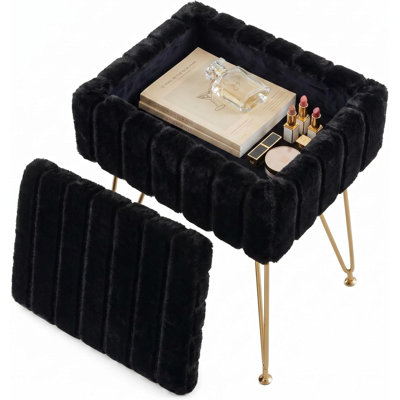 Vanity Stool with Storage, Faux Fur Ottoman, Metal Legs, Anti-Slip Feet, 15.7" Seat for Living Room