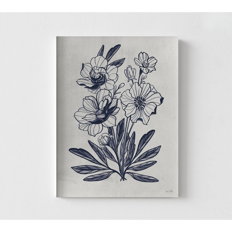 Vintage Blues I By House Fenway, Navy Blue Floral Living Room Decor, Dark Blue Flower Drawings Poster, Delicate Botanical Sketch Decor