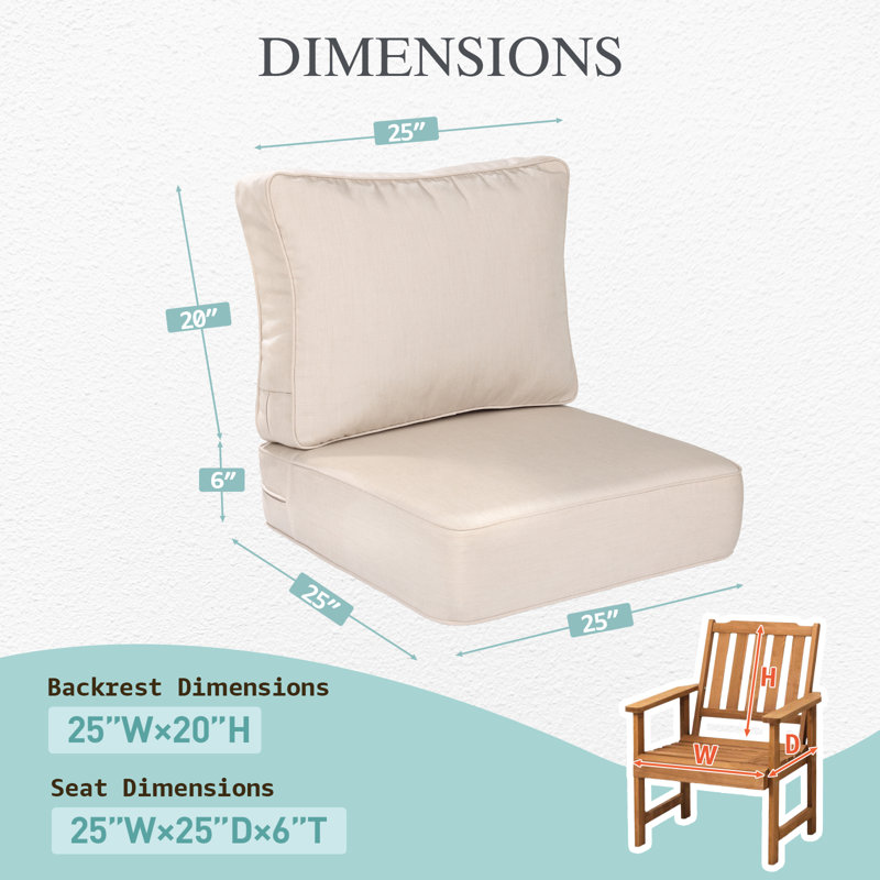 6 Inch Sunbrella Outdoor Chair Seat Back Cushion Set, 25" W x 25" D, Canvas Flax
