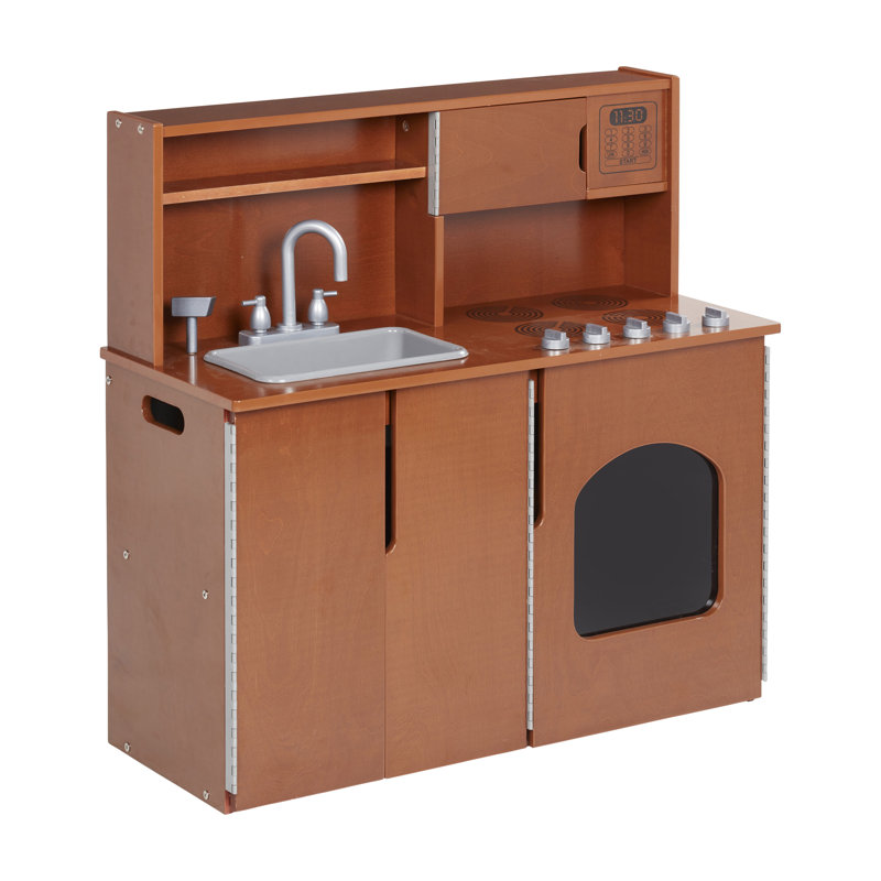 ECR4Kids 4-in-1 Kitchen, Sink, Stove, Oven, Microwave and Storage, Play Kitchen, Brown
