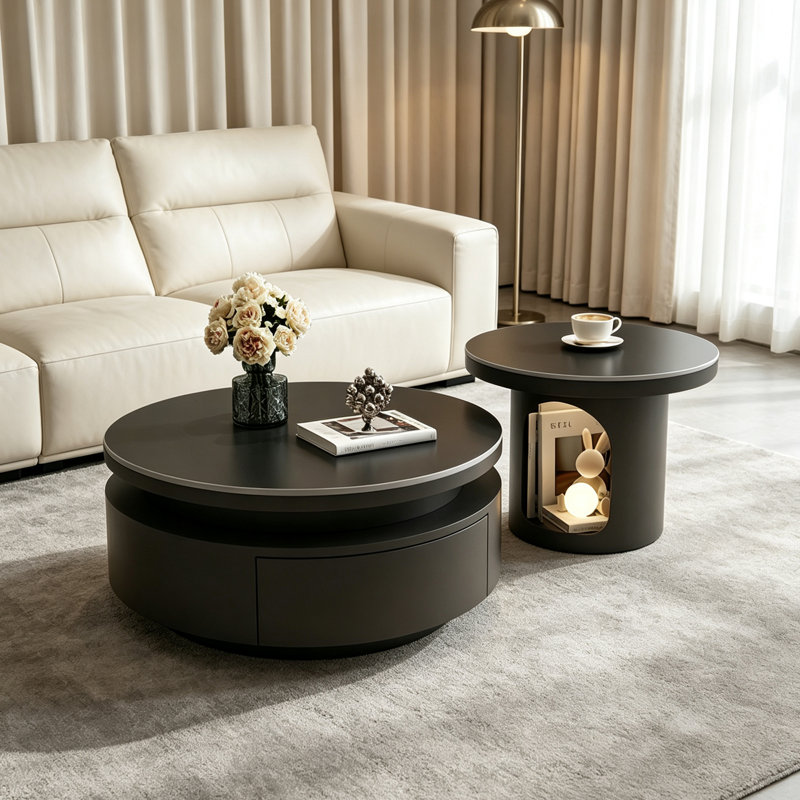 Table basse moderne et minimaliste avec tiroir en bois, 13.77" H x 31.49" W x 31.49" D, Black Top/Black Base, Flat