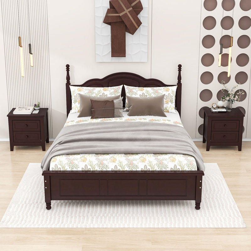 Ensemble de chambre à coucher 3 pièces, lit plateforme en bois et deux tables de chevet avec 2 tiroirs, Noyer foncé, Grand