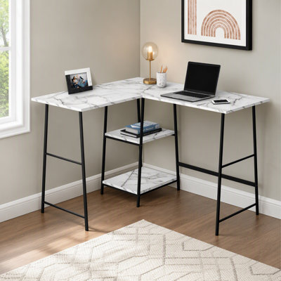 Computer Desk, Home Office, Corner, Storage Shelves, 48"l, L Shape, Work, Laptop, White Marble Look Laminate, Black Metal, Contemporary, Modern