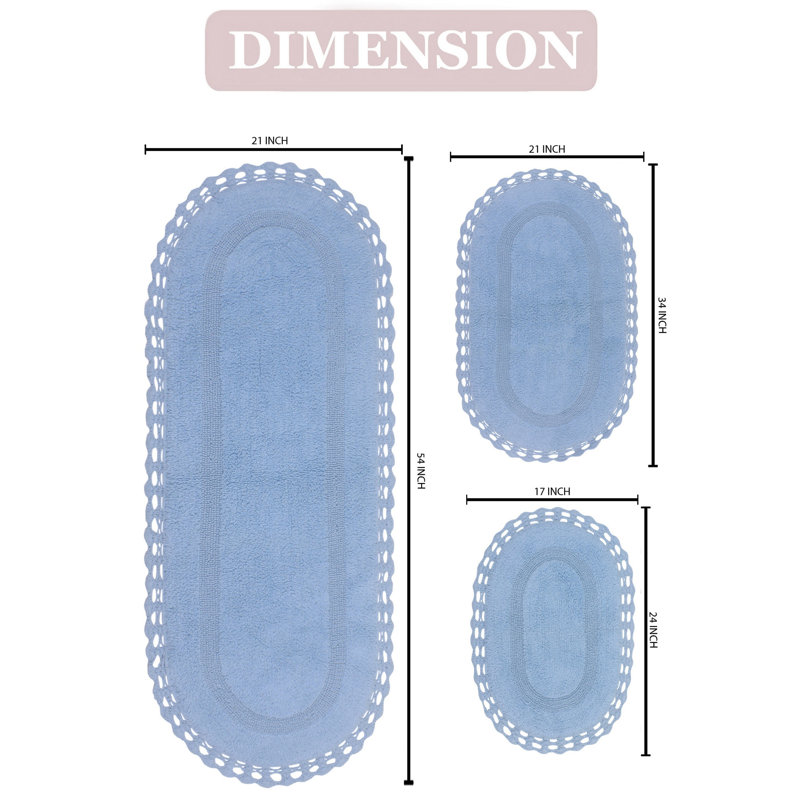 Hampton Crochet Absorbent Cotton Soft 3 Piece Bath Rug Set, Blue