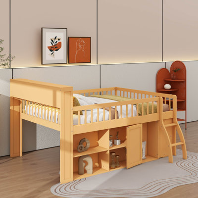 Queen Low Loft Bed With Storage Headboard And LED Lights, Wooden Loft Bed Frame With Storage Shelves